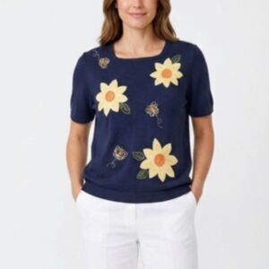 Alfred Dunner Women's NWOT Navy Sunflower Cottagecore SS Vintage Sweater Size XL